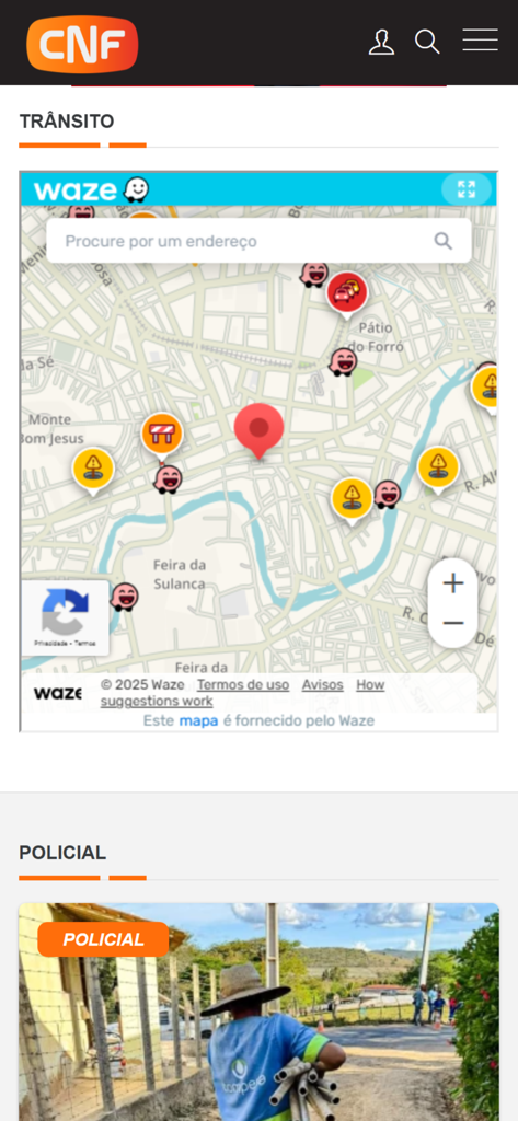 CNF - Interface do aplicativo CNF com mapa de trânsito e seção de notícias policiais de Pernambuco
