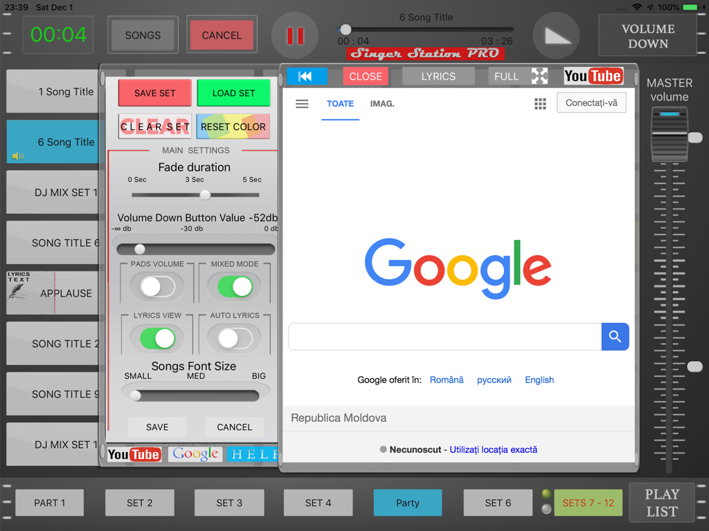 Singer Station PRO - Singer Station PRO Musikplayer-Oberfläche mit Bühnenperformance-Einstellungen und Songverwaltung