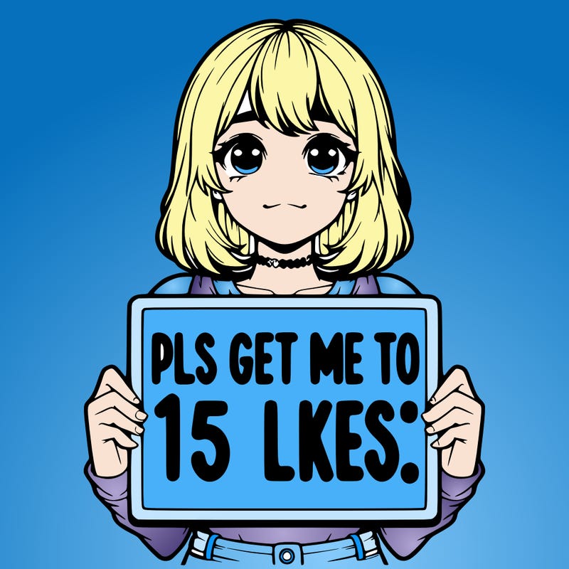 realistic girl holding up a sign that says “pls get me to 15 likes!”