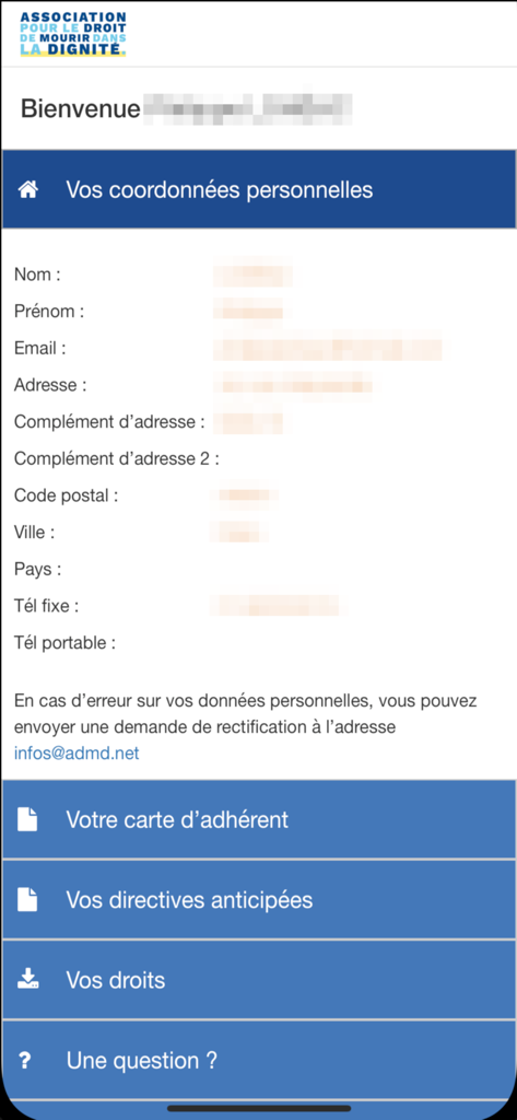 User account and personal profile screen in the ADMD et Moi app showing contact information and access to medical directives