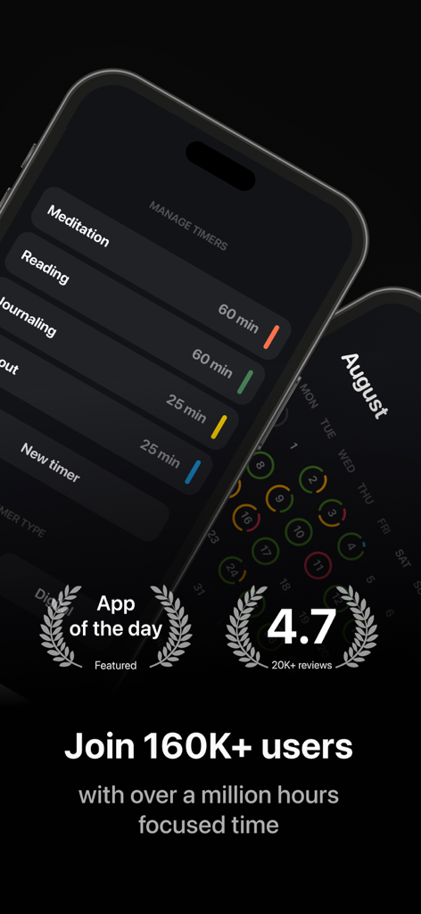Emphasis: Flow & Focus Timer - A display of the Emphasis app showing customizable focus timers for meditation and reading alongside a monthly progress calendar and user ratings.