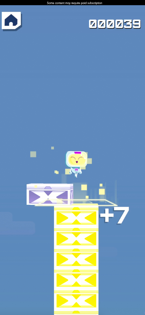 Budge GameTime - Un personaje lindo saltando y aterrizando sobre una pila de cajas amarillas en un mini-juego de Budge GameTime.