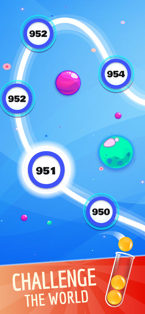 Level progression map showing numbered stages and a challenge the world banner in Ball Sort Puzzle.