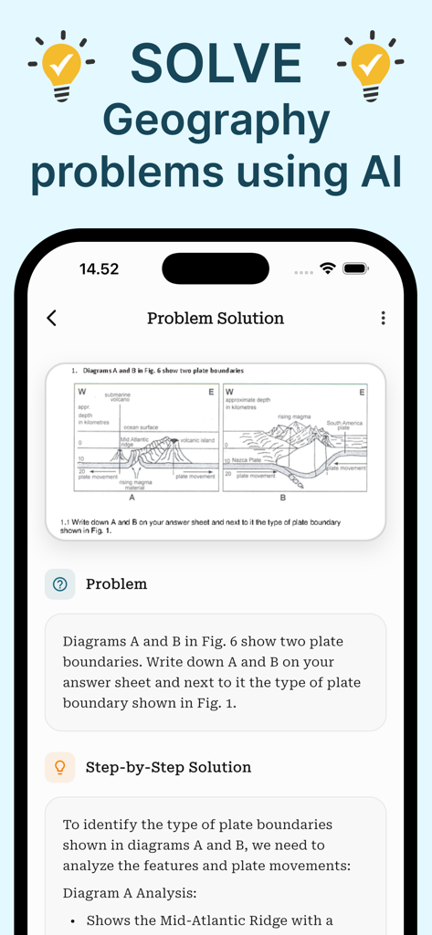 Geography AI app interface showing a step-by-step solution for a plate boundary diagram problem.