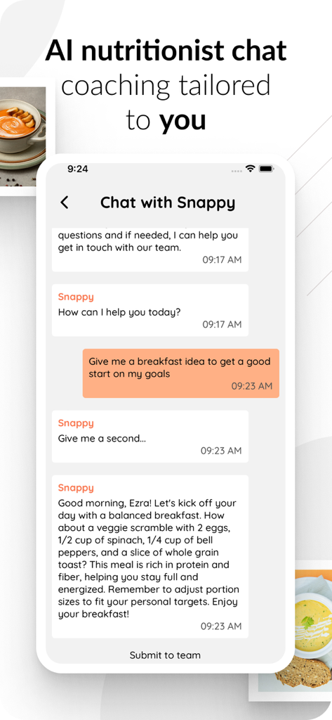 SnapCalorie AI chat interface showing a personalized meal recommendation from an AI nutritionist