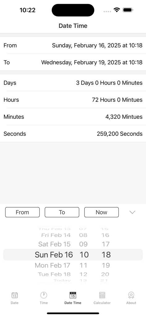 Tela do aplicativo móvel mostrando o cálculo do tempo entre duas datas em dias, horas, minutos e segundos