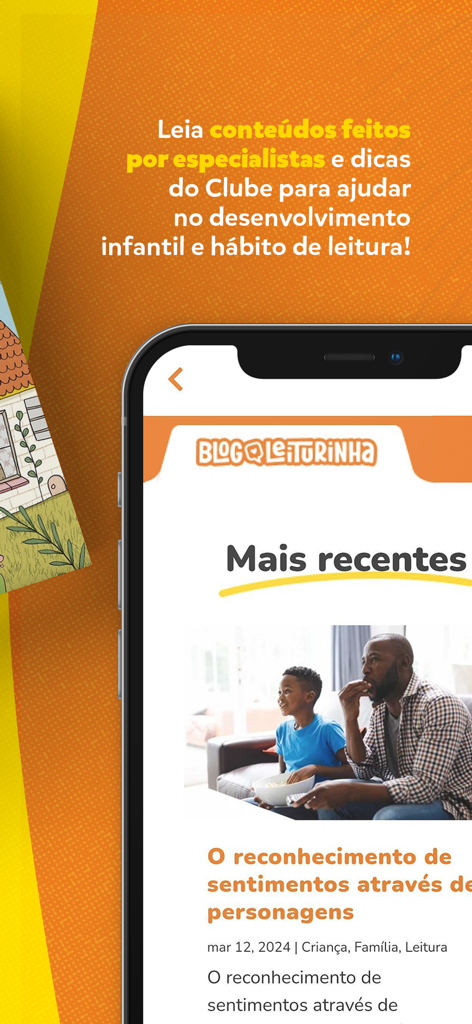 Mobile screen of the Leiturinha app showing its blog section with articles on child development and reading habits.