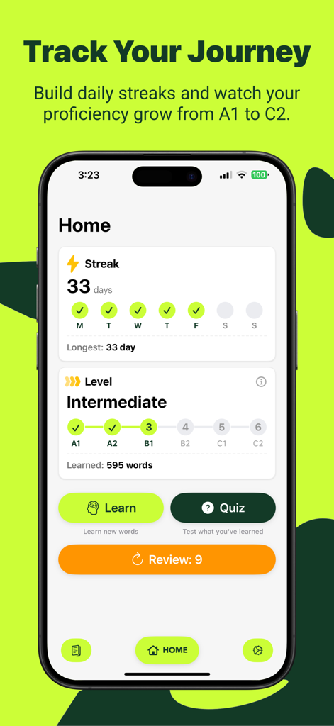HSK Flashcard - Learn Chinese - The home screen of the HSK Flashcard app showing a 33-day study streak and Chinese proficiency level progress from A1 to C2.