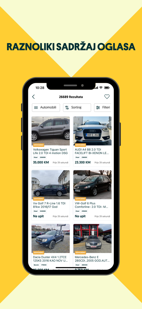 OLX BiH mobile app interface displaying multiple used car advertisements with prices and descriptions.