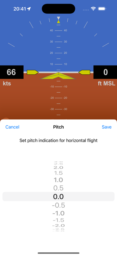 iEFIS Light app screen showing pitch calibration for horizontal flight