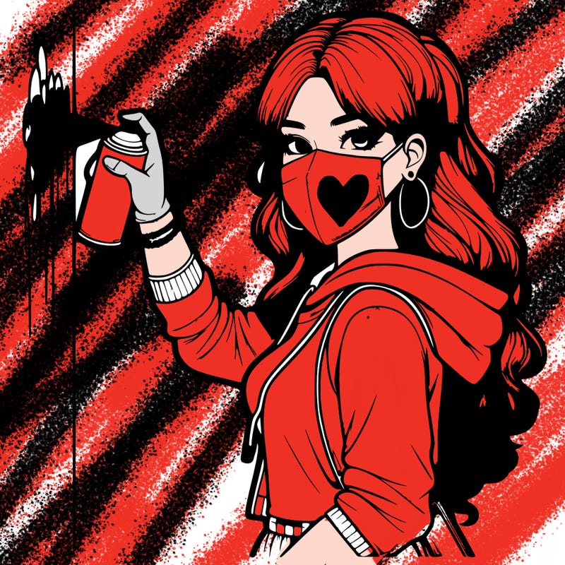 realistic girl with mask spray painting a wall