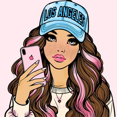 realistic beautiful girl wearing los ángeles cap holding an iphone