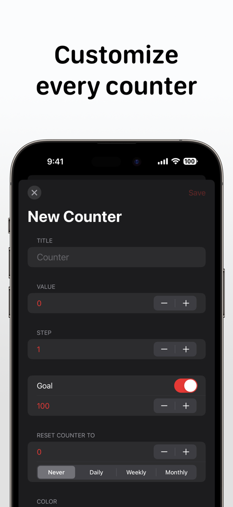 Interface for creating and customizing a new counter in the Tally app featuring goal settings and reset options.
