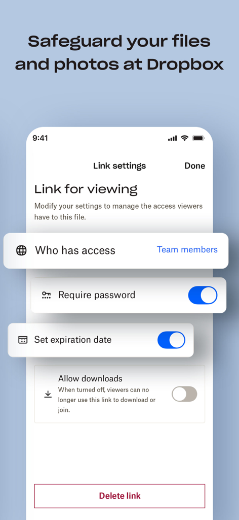 Dropbox: Cloud Storage Backup - Uma tela de aplicativo móvel mostrando as configurações de link do Dropbox com opções de proteção por senha e datas de expiração de arquivos