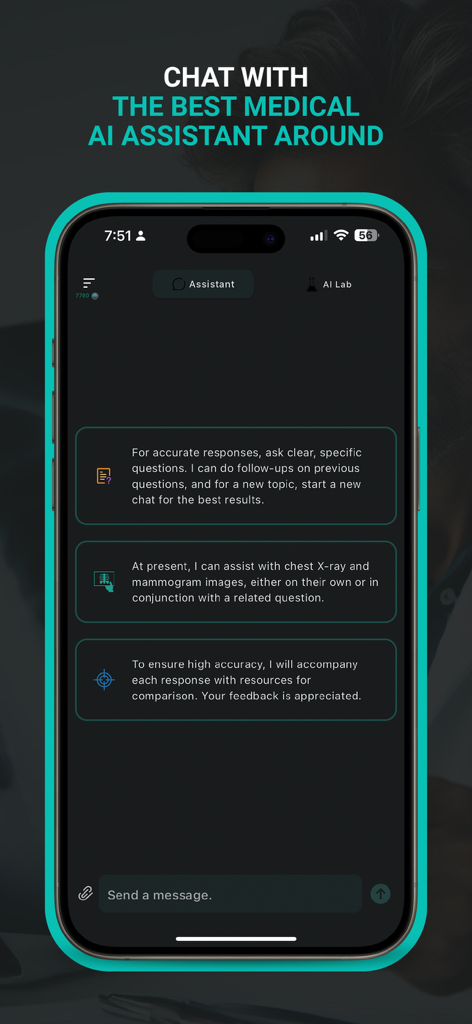 DoctorAI app interface showing a chat with a medical AI assistant for clinical decision support and image analysis
