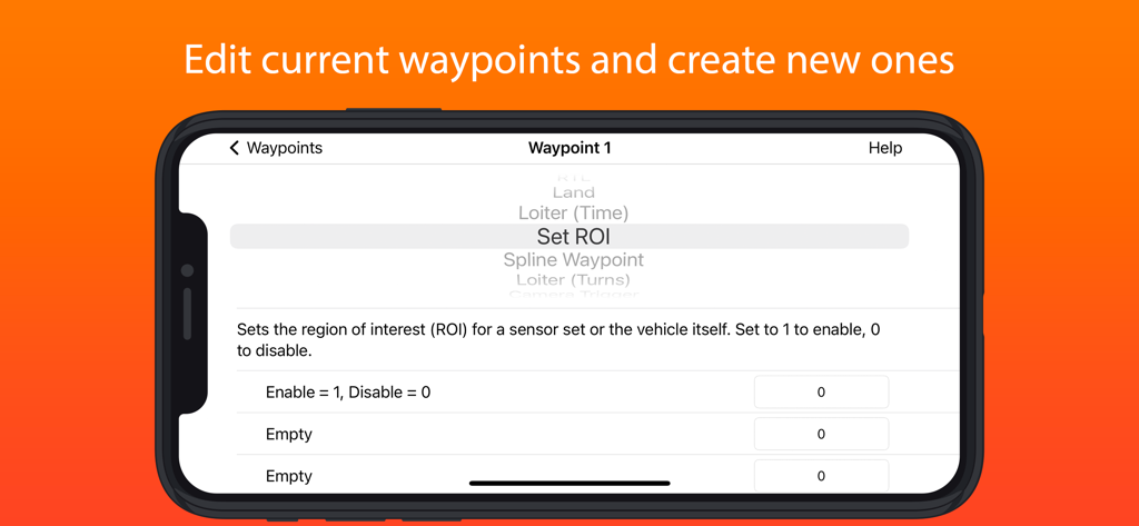 SidePilot - SidePilot app interface showing drone waypoint configuration and region of interest settings