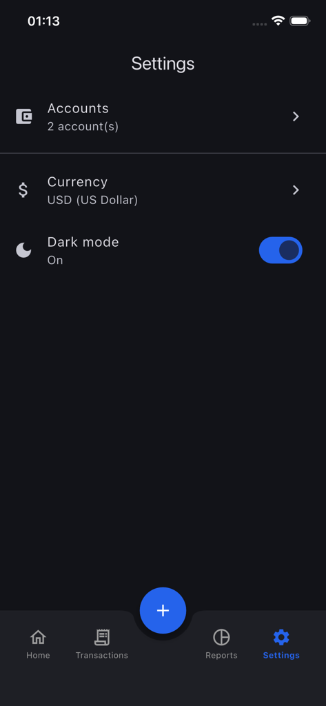 Budget : spending tracker - Einstellungen-Bildschirm der Budget-Ausgaben-Tracker-App, der Kontoverwaltung, Währung und Dunkelmodus-Optionen zeigt