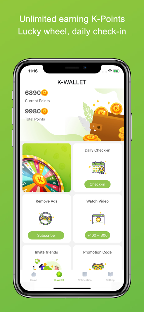 Kiwi VPN Ultimate, IP Changer - The K-Wallet interface in Kiwi VPN showing points earned and options for lucky wheel and daily check-in