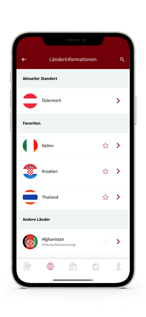 国名と渡航警告のリストが表示された、海外サービスアプリの国情報ページを示すiPhone画面。