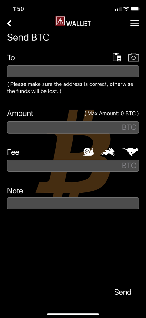AT.Wallet - Tela do aplicativo AT.Wallet para enviar Bitcoin mostrando campos para endereço do destinatário, valor e níveis de taxa de transação.
