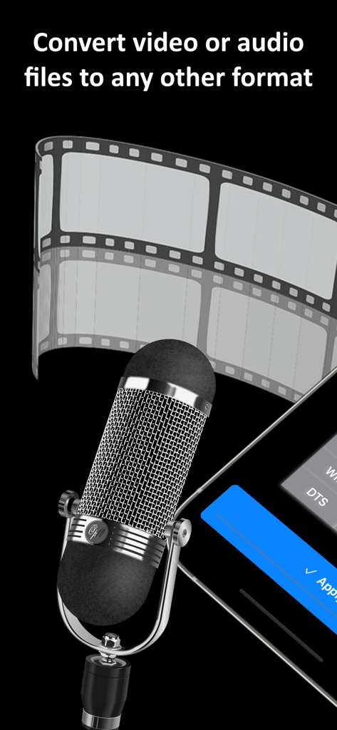 Video Files Converter: MP4,MP3 - Video and audio file converter app interface with microphone and film icons