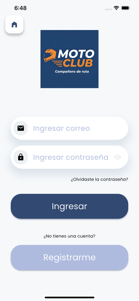 Moto Club - Login page of the Moto Club app featuring fields for email and password in Spanish