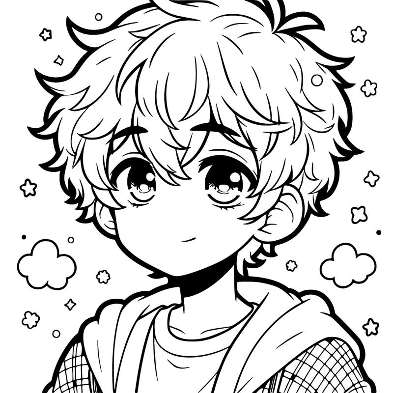 cute anime boy with fluffy hair and freckles