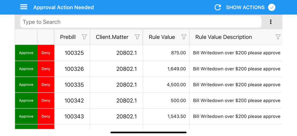 PrebillViewer - Table of legal billing items with green approve and red deny buttons