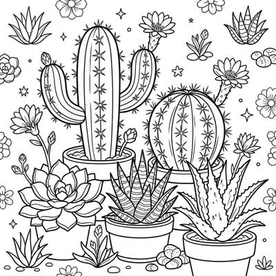 Welcome the freshness of spring with this delightful coloring page showcasing an array of beautiful cacti and succulents. This intricate design featuring blooming desert plants is perfect for a relaxing and creative coloring session for all ages.