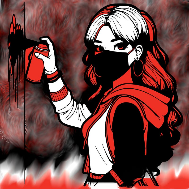 realistic girl with mask spray painting a wall