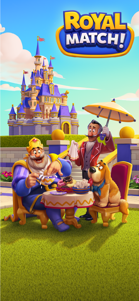 King Robert having tea with his dog and butler in front of the Royal Castle in the Royal Match app.