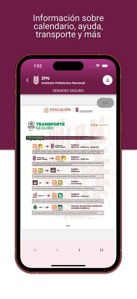 IPN Oficial - Interface de l'application IPN Oficial affichant les itinéraires de transport sécurisés et les horaires de bus