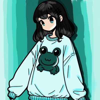girl wearing frogging sweatshirt