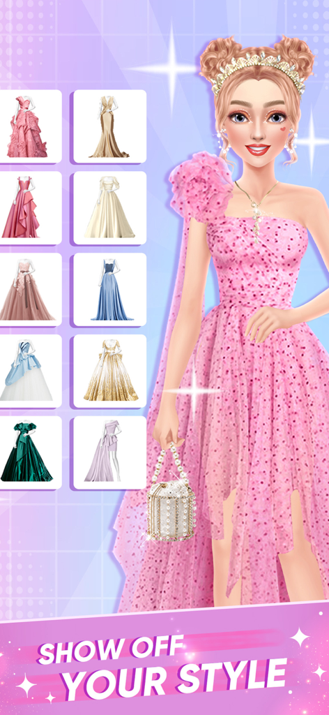 Bridal Boutique Wedding Games - A female character in a pink sparkly gown with a selection of bridal dresses in a makeover game