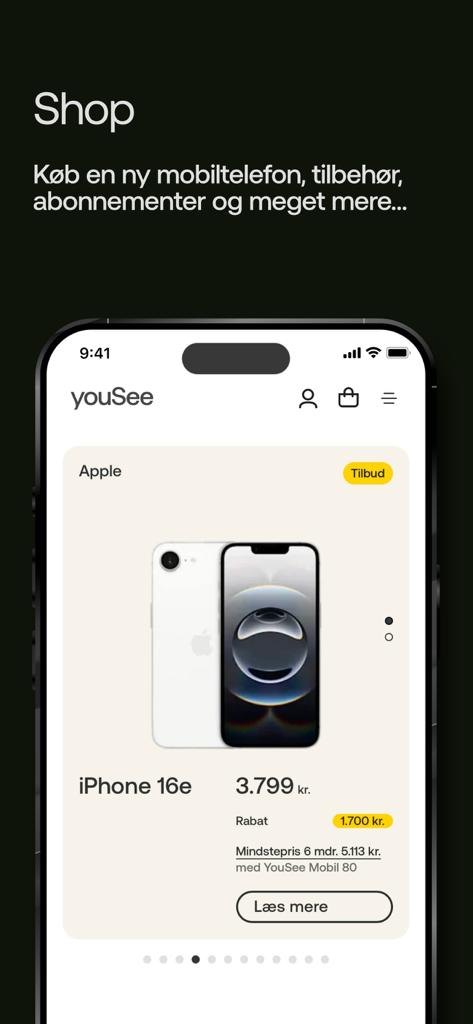 Mit YouSeeアプリのショップインターフェース。iPhone 16eのオファーが表示されています。