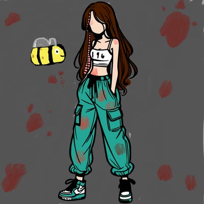 girl in baggy pants crop top and long hair