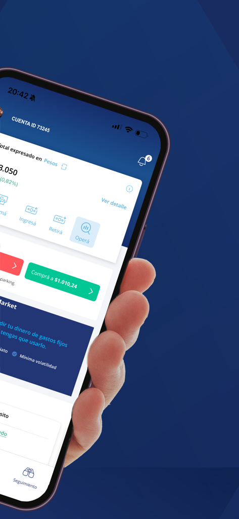 Balanz - A hand holding a smartphone showing the Balanz investment app dashboard with portfolio balance in pesos and trading options