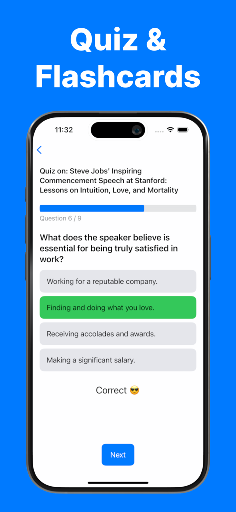 AI Note Taker Lecture Recorder - Smartphone screen displaying an AI-generated quiz question with the correct answer highlighted in green in the VocaNote app.