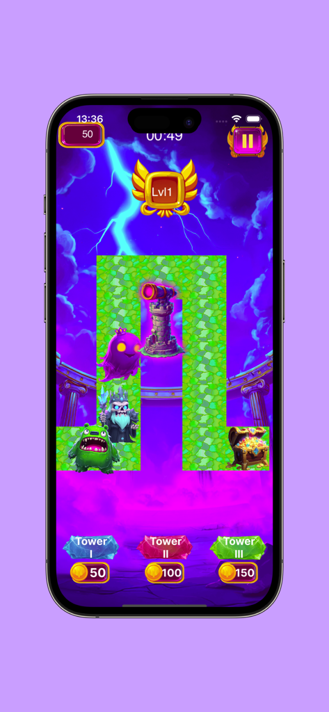 Ulimp Defence - Mobile gameplay of Ulimp Defence showing mythical monsters on a path towards a treasure chest protected by towers.