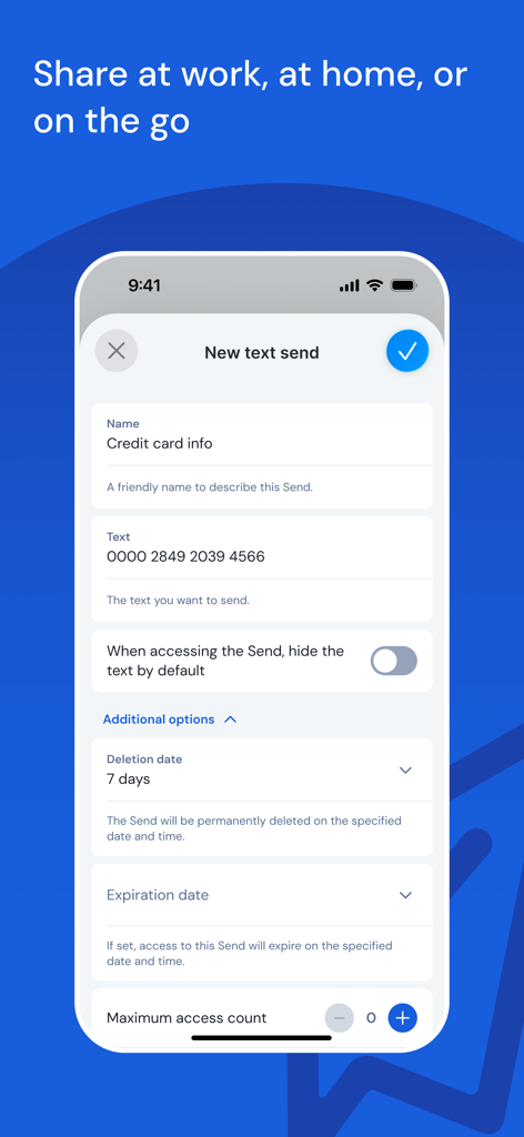 Bitwarden Password Manager - Interfaccia mobile di Bitwarden Send per la condivisione di testo sicuro e informazioni sensibili