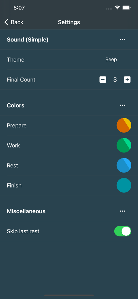 Settings screen of the Interval Timer Plus app showing sound options and color customization for prepare work and rest phases