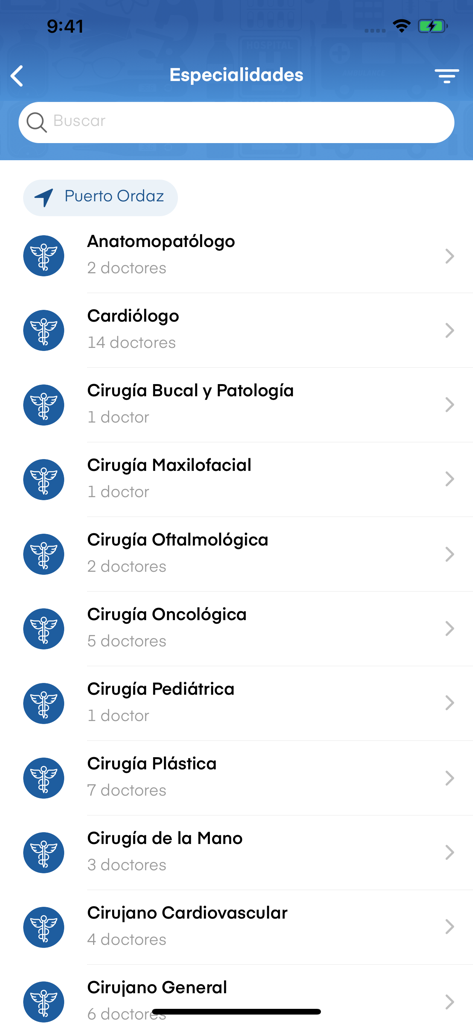 Guía Médica de Venezuela - List of medical specialties in the Guia Medica de Venezuela app including cardiology and surgery
