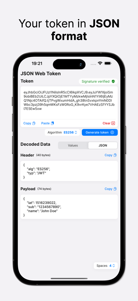 JSON Web Token - iPhone screenshot of the JSON Web Token app displaying a decoded JWT with header and payload in structured JSON format