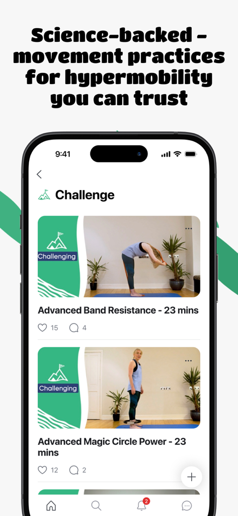 The Zebra Club - Una captura de pantalla de una aplicación móvil que muestra desafíos de movimiento avanzados para la hipermobilidad con bandas de resistencia y aros de pilates.