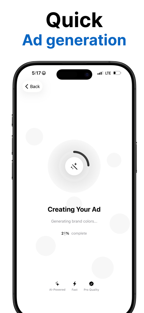 Ein Handybildschirm, der die KI Ad Maker-App beim Generieren einer professionellen Anzeige mit einer Fortschrittsanzeige zeigt