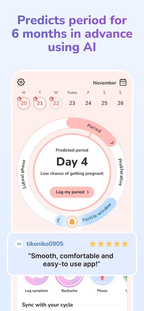 Moonly app interface displaying a menstrual cycle tracker with AI predictions and a five star user review