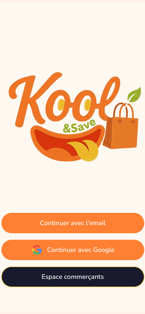 Anmeldebildschirm für die Kool and Save Anti-Lebensmittelverschwendungs-App mit E-Mail- und Google-Anmeldeoptionen