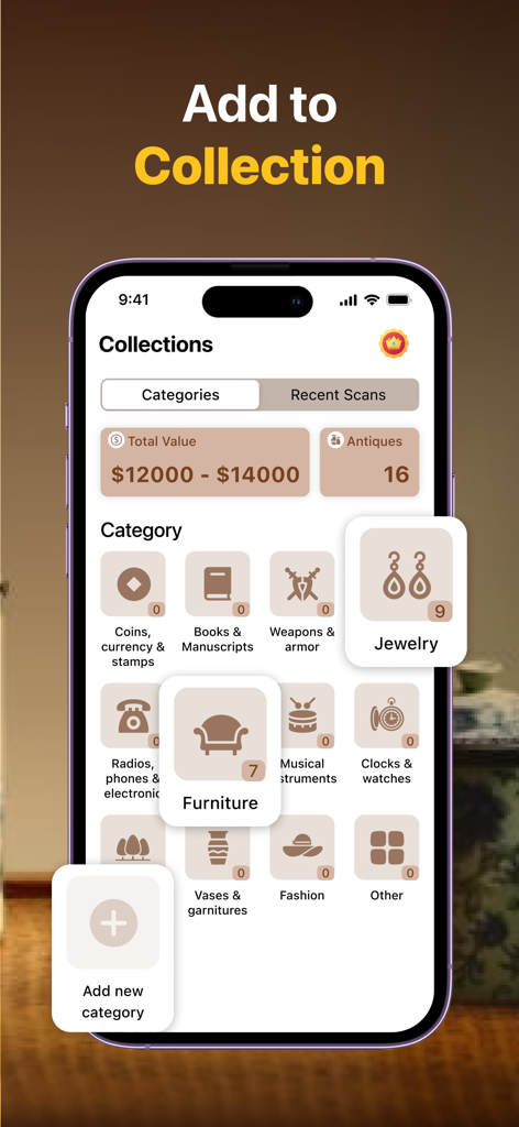 Antique Identifier By Picture. - Mobile app interface showing antique collection categories and estimated total value