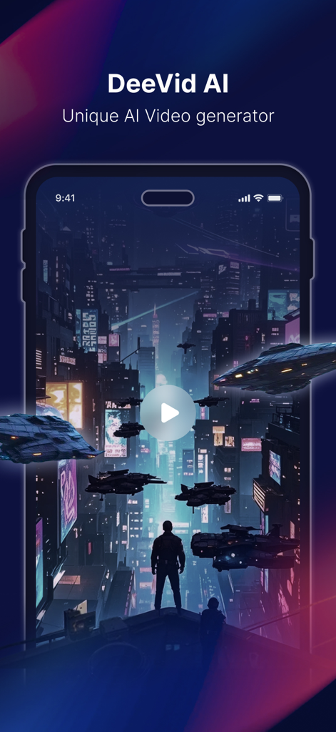 Intro screen of DeeVid AI showing a cinematic cyberpunk cityscape video