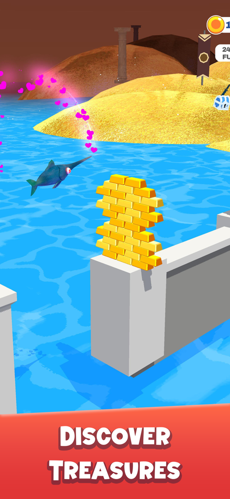 A swordfish knife flipping over water towards a stack of gold bars in Slice It All gameplay